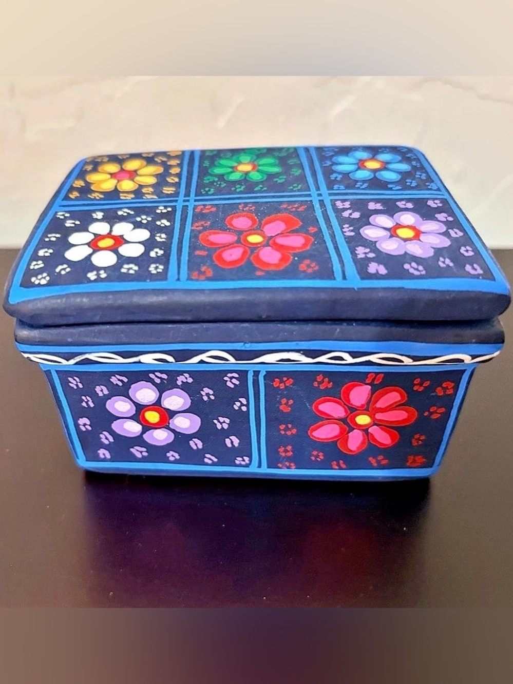 Hand-Painted Floral Storage Box in Blue & Multicolor